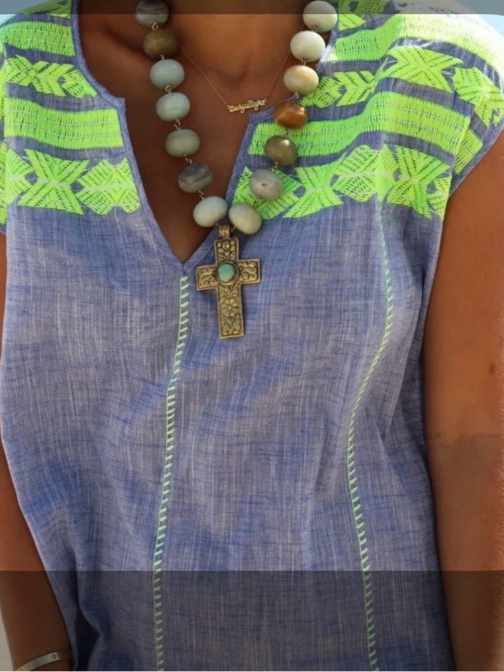 J. Crew Blue Linen-Blend Embroidered Split-Neck Tunic with Neon Green Yoke